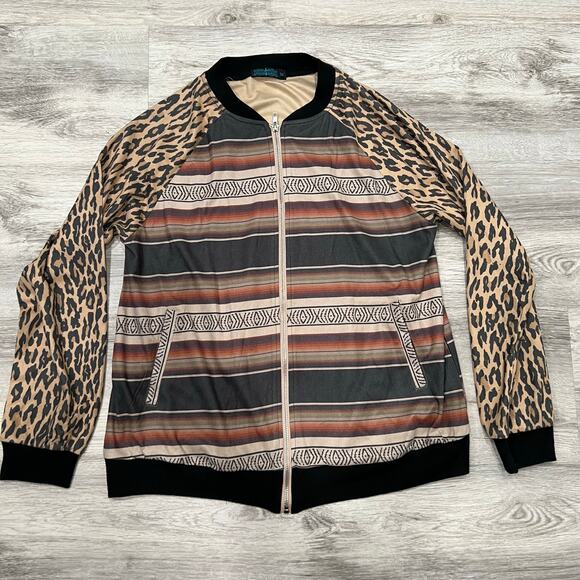 Aztec Leopard Print Bomber Jacket Western Style Full Zip Lightweight Size M - Picture 1 of 2